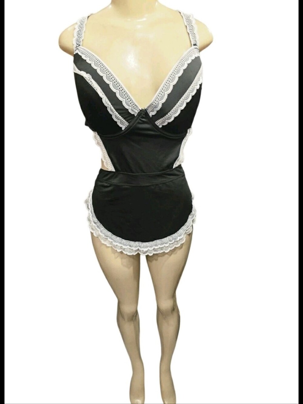 NWT Ashley Stewart French Maid Lingerie Bodysuit Costume Lace Trim Black 2X